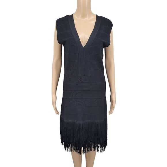 Venus Bandage Black Fringe Sleeveless Dress Gatsby Meets Moden Cocktail - Picture 2 of 16